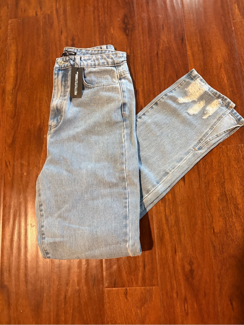 PrettyLittleThing Size 4 Tall Light Blue Wash Ripped Split Hem Straight Leg Jean